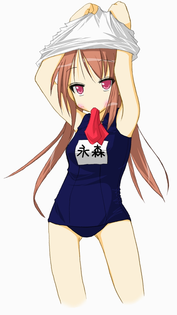 arms_up, brown_hair, long_hair, lucky_star, mouth_hold, nagamori_yamato, one-piece_swimsuit, purple_eyes