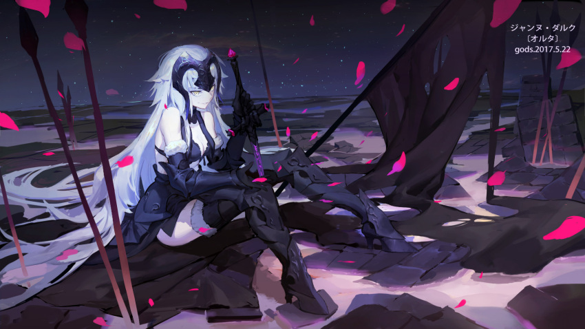 1girl, armor, armored_boots, armored_dress, artist_name, black_dress, black_gloves, boots, breasts, character_name, cleavage, dated, depth_charge, dress, elbow_gloves, fate/grand_order, fate_(series), faulds, flag, full_body, fur_trim, gauntlets, gloves, gods_(1073337800), greaves, grin, headpiece, high_heel_boots, high_heels, highres, jeanne_alter, light_particles, long_hair, medium_breasts, petals, ruins, ruler_(fate/apocrypha), sitting, smile, solo, sword, very_long_hair, wallpaper, weapon, yellow_eyes