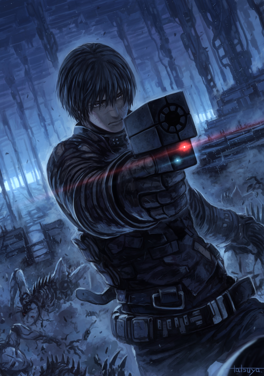 1boy, artist_name, belt, black_bodysuit, black_hair, blame!, bodysuit, cowboy_shot