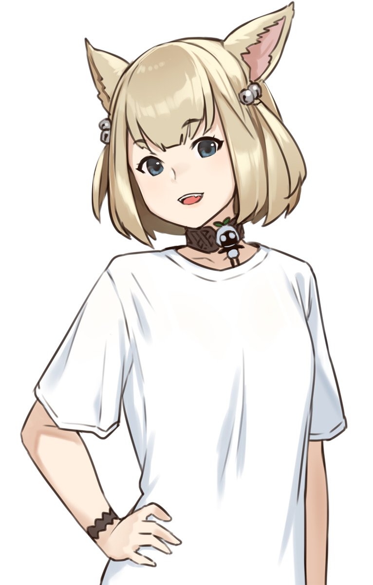 1girl, :d, animal_ears, bell, black_eyes, blonde_hair, character_request, choker, copyright_request, eyebrows_visible_through_hair, fang, final_fantasy, final_fantasy_xiv, hair_bell, hair_ornament, hand_on_hip, highres, houtengeki, khloe_aliapoh, looking_at_viewer, mandragora_(final_fantasy), miqo'te, open_mouth, shirt, short_hair, simple_background, smile, solo, t-shirt, two_side_up, upper_body, white_background, white_shirt