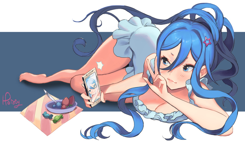 1girl, aoki_hagane_no_arpeggio, blue_eyes, blue_hair, blush, breasts, candy, cleavage, dress, food, fruit, honey_(ssutyx), long_hair, lying, on_side, self_shot, smile, solo, strawberry, takao_(aoki_hagane_no_arpeggio)