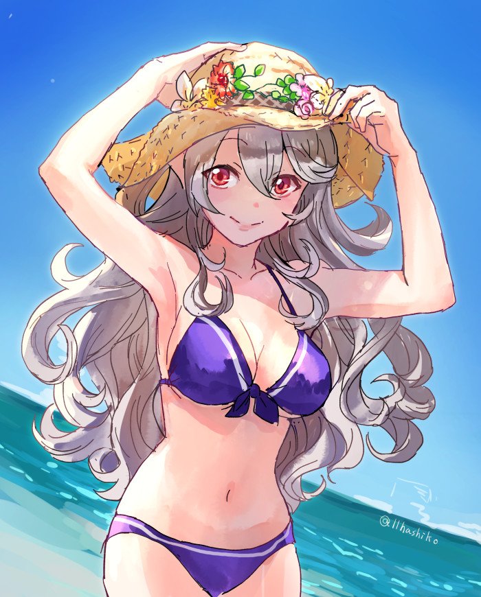 1girl, beach, bikini, blush, breasts, cleavage, collarbone, female_my_unit_(fire_emblem_if)