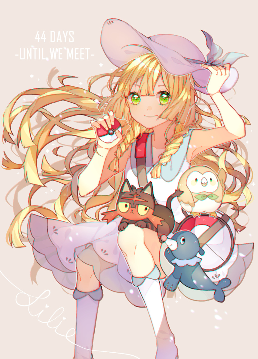 1girl, bag, bangs, beige_background, blonde_hair, blue_ribbon, braid, breasts, character_name, chromatic_aberration, closed_mouth, collared_dress, dress, duffel_bag, english, eyebrows_visible_through_hair, green_eyes, hand_up, hat, hat_ribbon, heart, highres, holding, holding_hat, holding_poke_ball, kneehighs, lillie_(pokemon), litten, long_hair, looking_at_viewer, mya_rt, poke_ball, poke_ball_theme, pokemon, pokemon_(creature), pokemon_(game), pokemon_sm, popplio, ribbon, rowlet, see-through, simple_background, sitting, sleeveless, sleeveless_dress, small_breasts, smile, sun_hat, sundress, twin_braids, very_long_hair, white_dress, white_hat, white_legwear