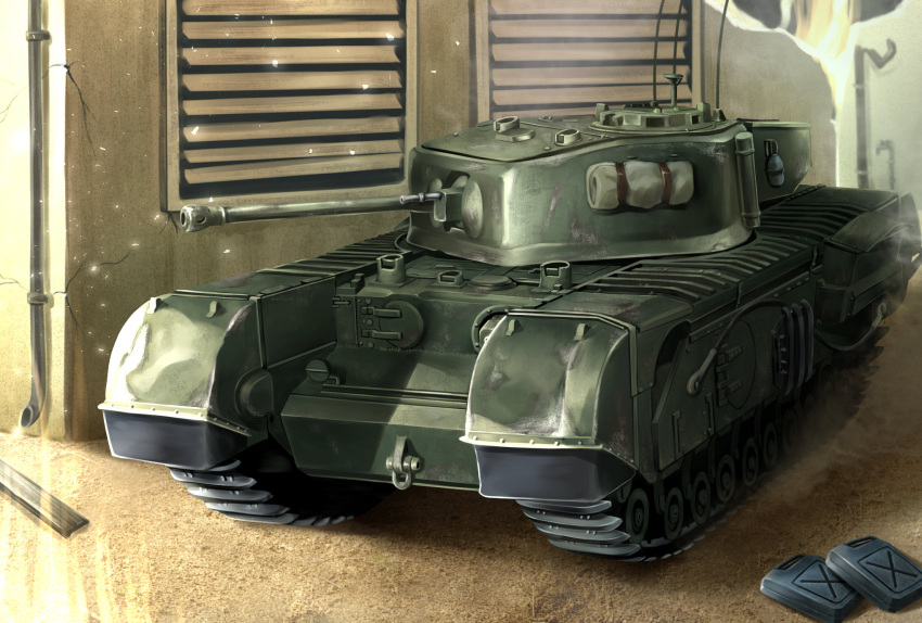churchill_(tank), gas_can, ground_vehicle, highres, house, military, military_vehicle, motor_vehicle