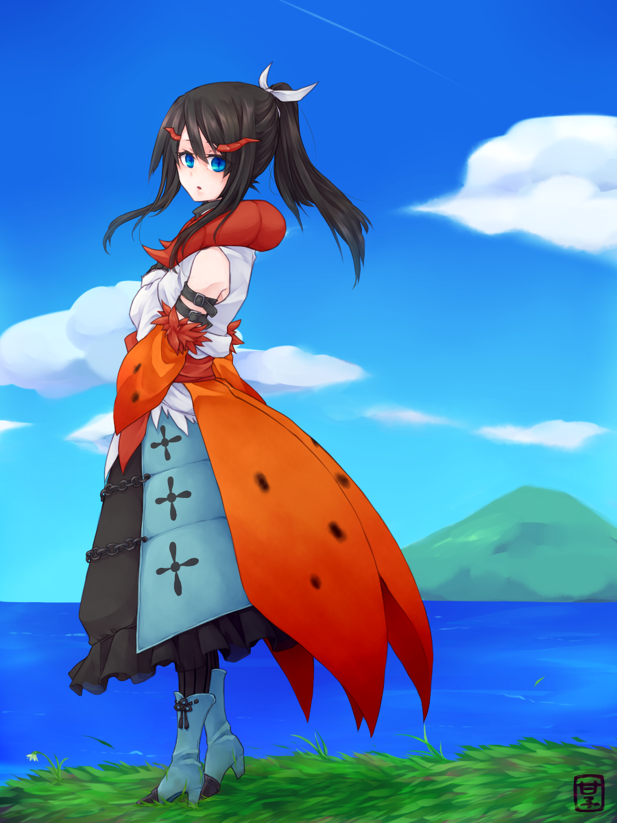 1girl, amaco4, arm_belt, black_hair, blue_boots, blue_eyes, blue_flower, blue_sky, boots, clouds, detached_sleeves, dress, eyebrows, grass, hair_tie, highres, looking_at_viewer, outdoors, painttool_sai, personification, pokemon, ponytail, sky, solo, standing, volcarona, water, watermark