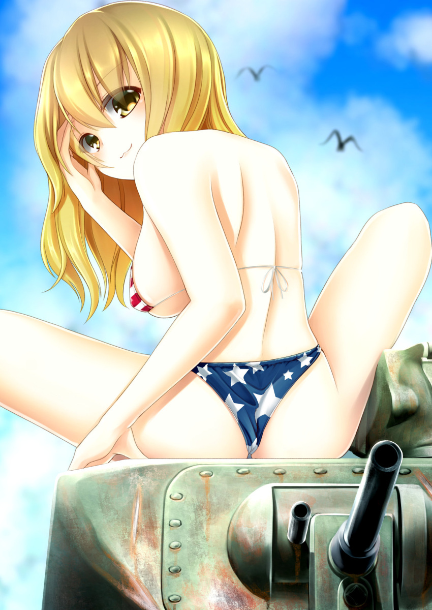 1girl, :3, american_flag_bikini, bikini, bird, blonde_hair, breasts, clouds