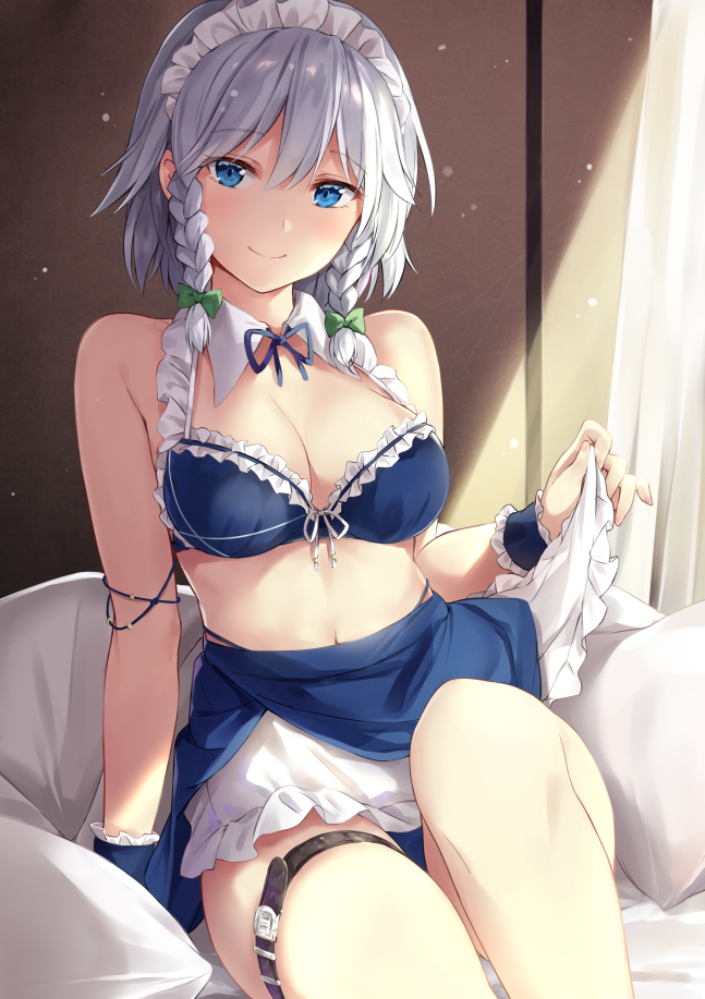 1girl, adapted_costume, apron, apron_lift, bangs, bare_legs, bare_shoulders, blue_bra