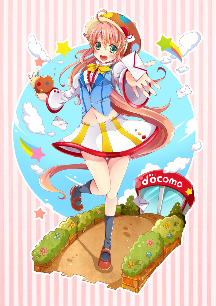 1girl, absurdly_long_hair, absurdres, ahoge, black_legwear, blush, brown_hair, docomo, envelope, eyebrows_visible_through_hair, full_body, green_eyes, hair_ornament, highres, kneehighs, long_hair, looking_at_viewer, mohumohu-san, navel, open_mouth, original, ponytail, skirt, smile, solo, star, teeth, very_long_hair, white_skirt, x_hair_ornament