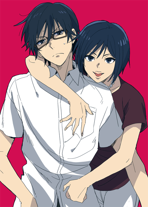 1boy, 1girl, black-framed_eyewear, blue_eyes, blue_hair, boku_dake_ga_inai_machi, cowboy_shot, fujinuma_sachiko