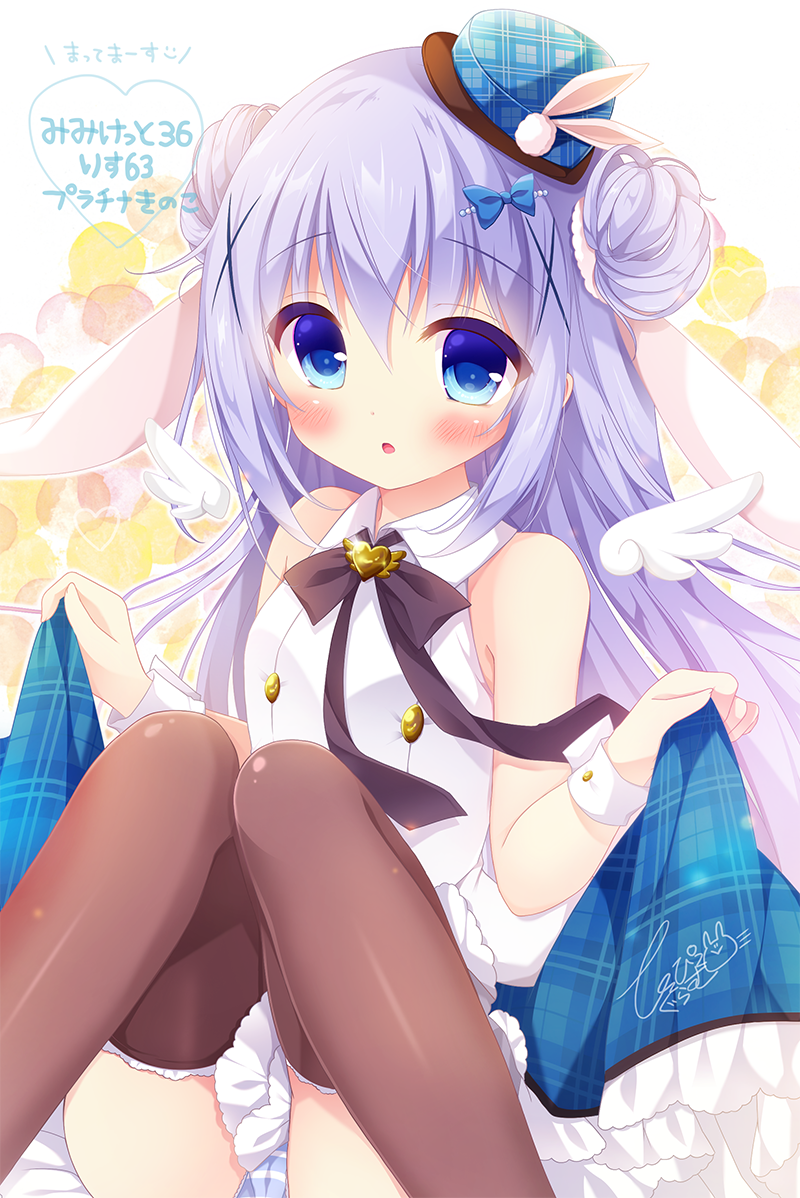 1girl, animal_ears, bare_shoulders, blue_bow, blue_hat, blue_panties, blush, bow