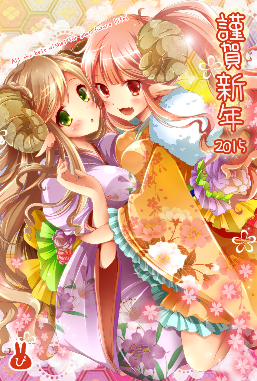 2girls, blonde_hair, blush, breasts, brown_hair, english, eyebrows_visible_through_hair, fang