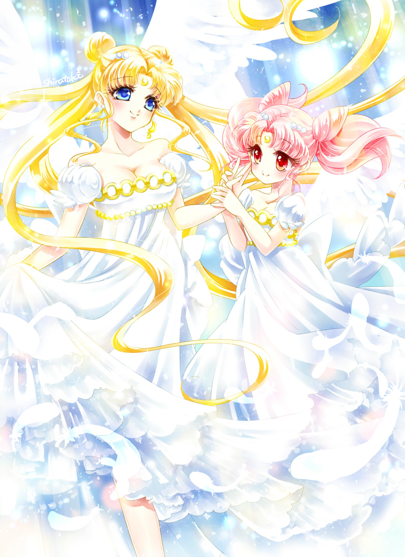 2girls, bishoujo_senshi_sailor_moon, blonde_hair, blue_eyes, breasts, chibi_usa, cleavage, crescent