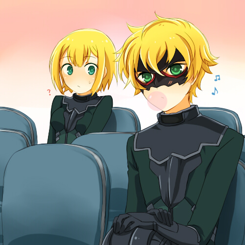 ?, blonde_hair, green_eyes, gundam, gundam_00, louise_halevy, lowres, mask, mister_bushido, musical_notes