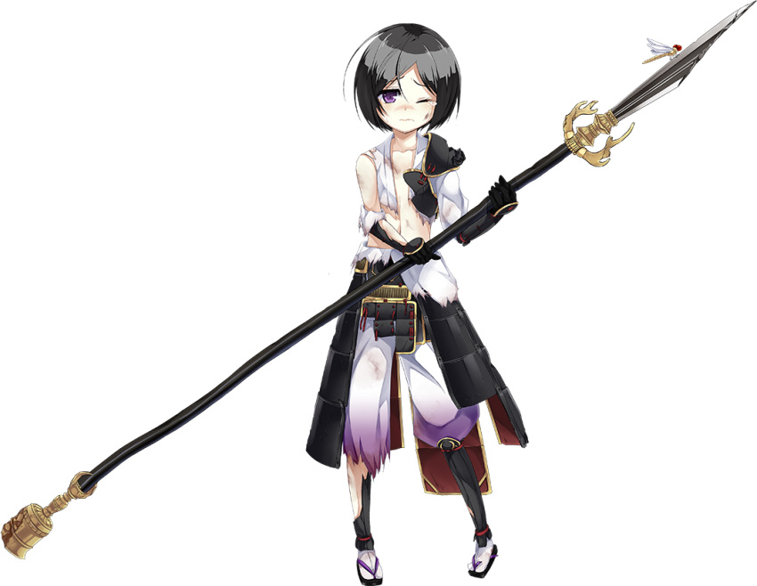 1girl, armor, black_hair, broken, broken_armor, broken_spear, broken_weapon, dragonfly