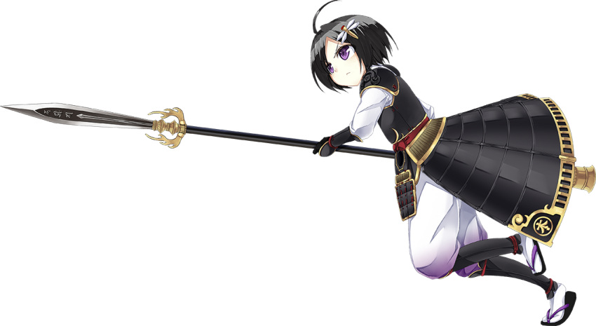 1girl, ahoge, armor, black_hair, dragonfly, full_body, gloves, hair_ornament