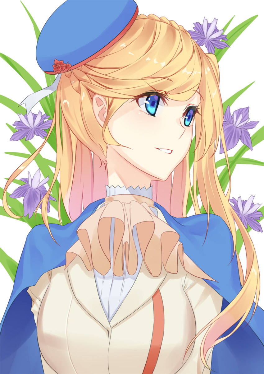 1girl, 5plus, alternate_costume, beige_coat, blade_of_grass, blonde_hair, blouse, blue_cape