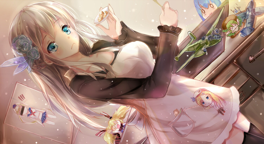 6+girls, alternate_costume, alternate_eye_color, apron, black_blouse, black_legwear, blonde_hair, blouse