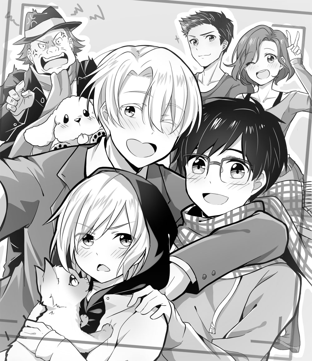 1girl, 5boys, :d, ;d, anger_vein, big_cat_shan, blush, cat
