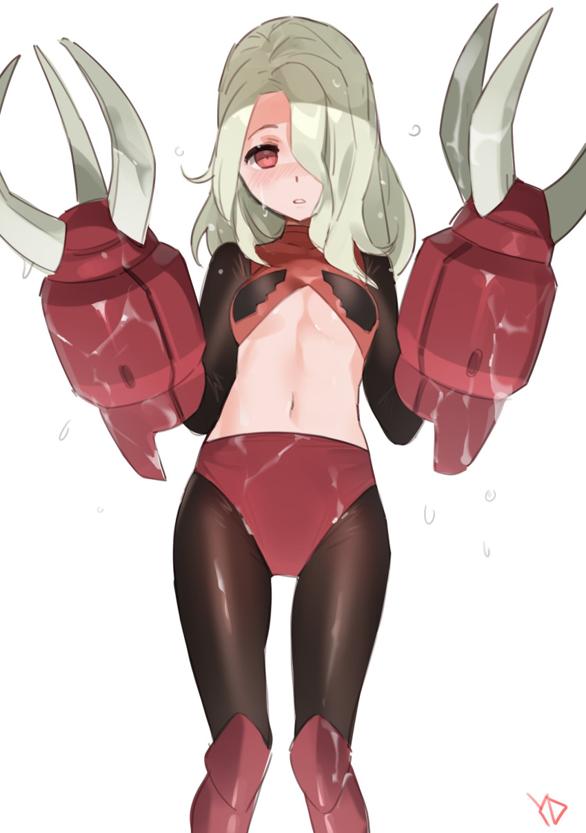 1girl, blonde_hair, breasts, claws, gundam, highres, long_hair, looking_at_viewer