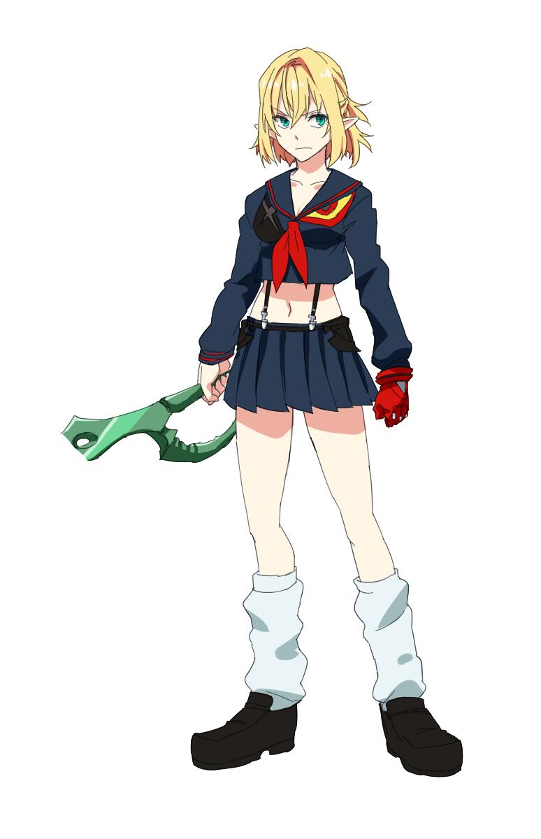 >:(, 1girl, bangs, black_serafuku, black_shoes, blonde_hair, breasts, closed_mouth