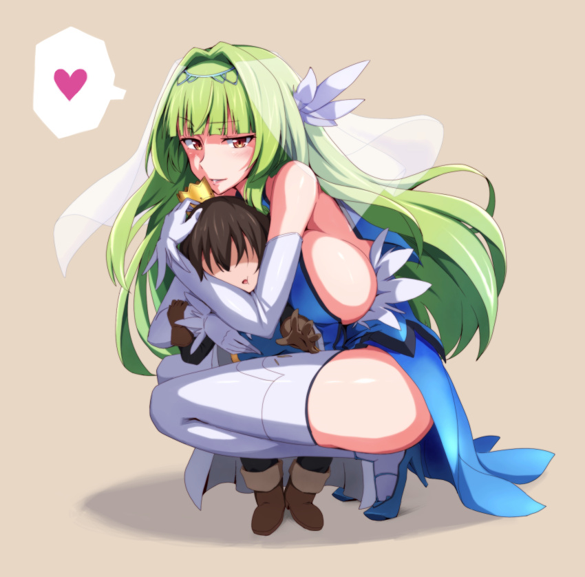 1boy, 1girl, age_difference, bangs, blue_dress, blunt_bangs, blush, boots