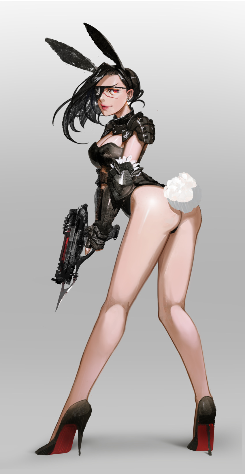 1girl, absurdres, animal_ears, ass, black_hair, breasts, bunnysuit, cleavage