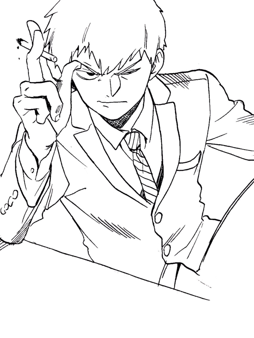 1boy, arm_rest, bent_over, cigarette, closed_mouth, formal, greyscale, highres, male_focus, mob_psycho_100, monochrome, necktie, reigen_arataka, short_hair, shundei_(enig), sitting, solo, squinting, striped, striped_necktie, suit