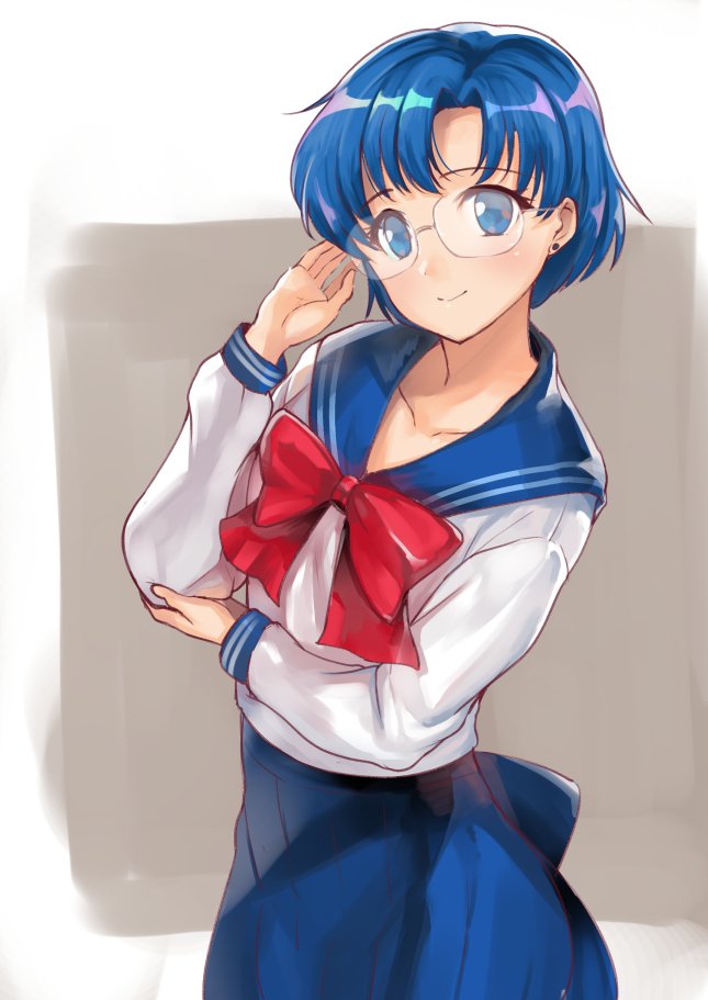 1girl, adjusting_glasses, bishoujo_senshi_sailor_moon, blue_eyes, blue_hair, blue_skirt, blush, bow