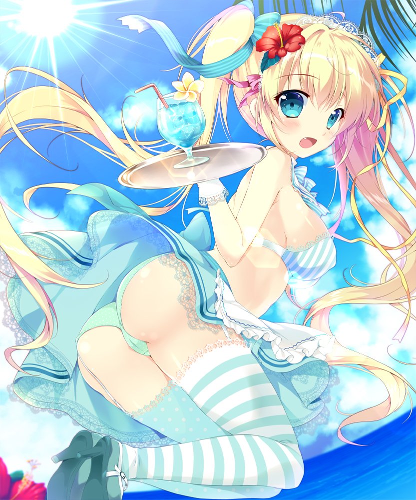 1girl, aqua_eyes, beach, blonde_hair, blue_bow, bow, bra, cocktail, cocktail_glass, cup, drinking_glass, flower, hibiscus, high_heels, holding, holding_tray, lace, long_hair, mikeou, ocean, original, palm_tree, pink_bow, plumeria, shoes, skirt, sleeveless, straw, striped, striped_legwear, sunlight, thigh-highs, tray, tree, tropical_drink, twintails, underwear, water