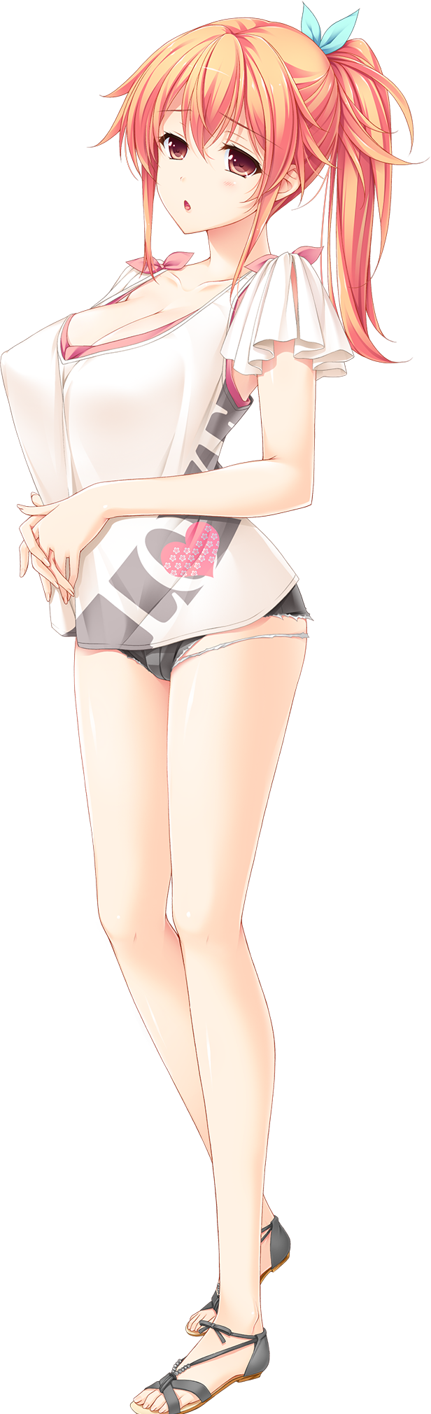 1girl, :o, breasts, choco_chip, cleavage, ero_zemi, hands_together, heart, heart_print, highres, large_breasts, long_hair, narumi_kaede, official_art, orange_eyes, orange_hair, ponytail, short_shorts, shorts, solo, transparent_background
