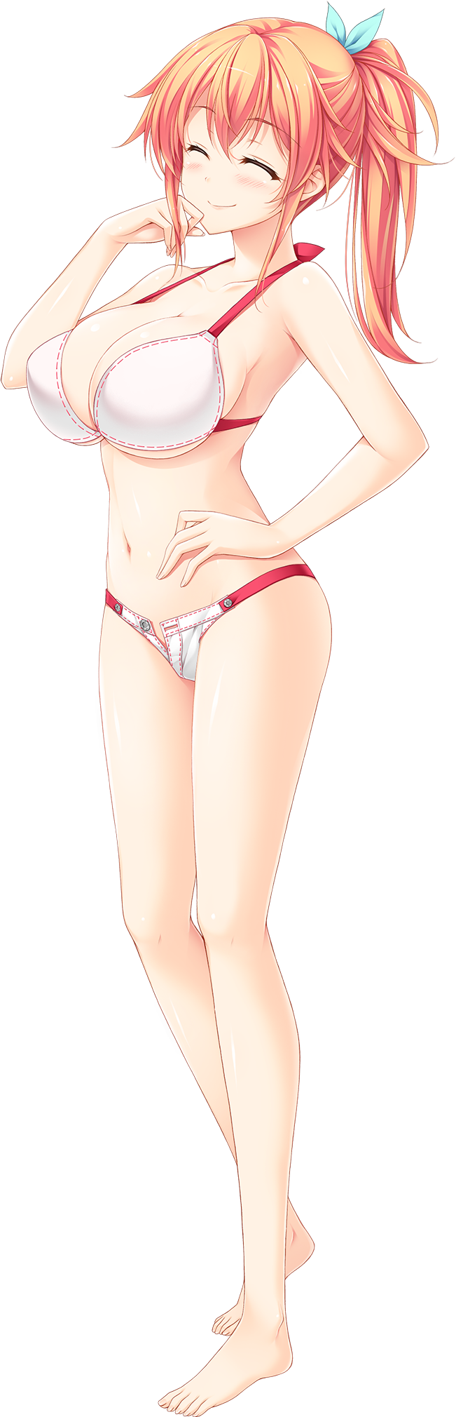 1girl, barefoot, bikini, breasts, choco_chip, closed_eyes, ero_zemi, full_body, hand_on_hip, hand_on_own_cheek, highres, large_breasts, long_hair, narumi_kaede, official_art, orange_hair, ponytail, smile, solo, swimsuit, transparent_background, unbuttoned