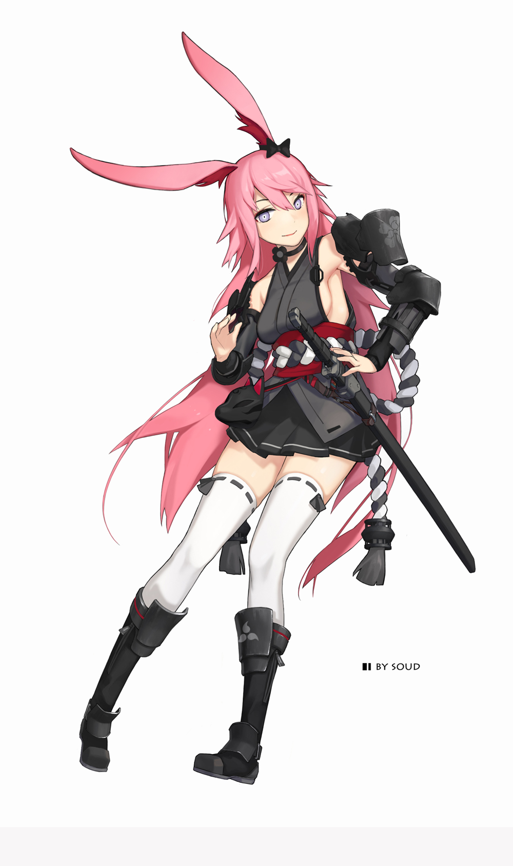1girl, animal_ears, armor, artist_name, bare_shoulders, benghuai_xueyuan, boots, bow