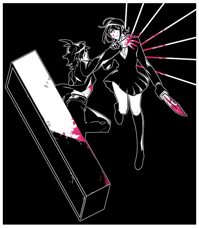 1boy, 1girl, ahoge, black_background, blood, bloody_hands, dangan_ronpa, dangan_ronpa_gaiden:_killer_killer, floating, formal, gloves, hair_over_one_eye, hijirihara_takumi, himduldago, ikusaba_mukuro, impaled, kibougamine_gakuen_school_uniform, knife, locker, pink_blood, polearm, simple_background, spear, spoilers, spot_color, suit, sweater, weapon