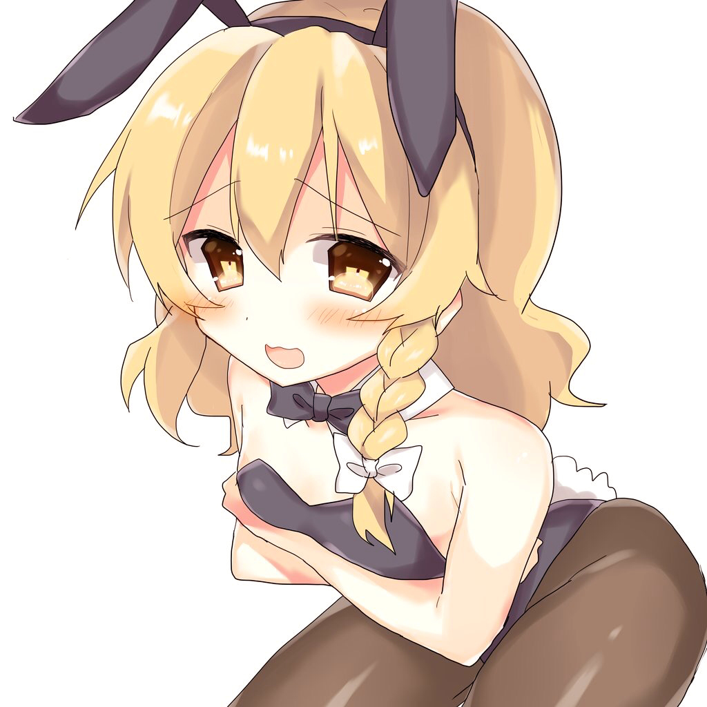 1girl, animal_ears, bare_shoulders, blonde_hair, blush, breasts, bunny_tail, bunnysuit
