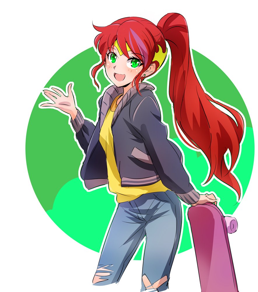 1girl, bandaid, bandaid_on_knee, camp_camp, company_connection, denim, earrings, green_eyes, happy, iesupa, jacket, jeans, jewelry, pants, ponytail, pyrrha_nikos, redhead, roosterteeth, rwby, seiyuu_connection, shirt, skateboard, solo, tiara, torn_clothes, torn_jeans, yellow_shirt