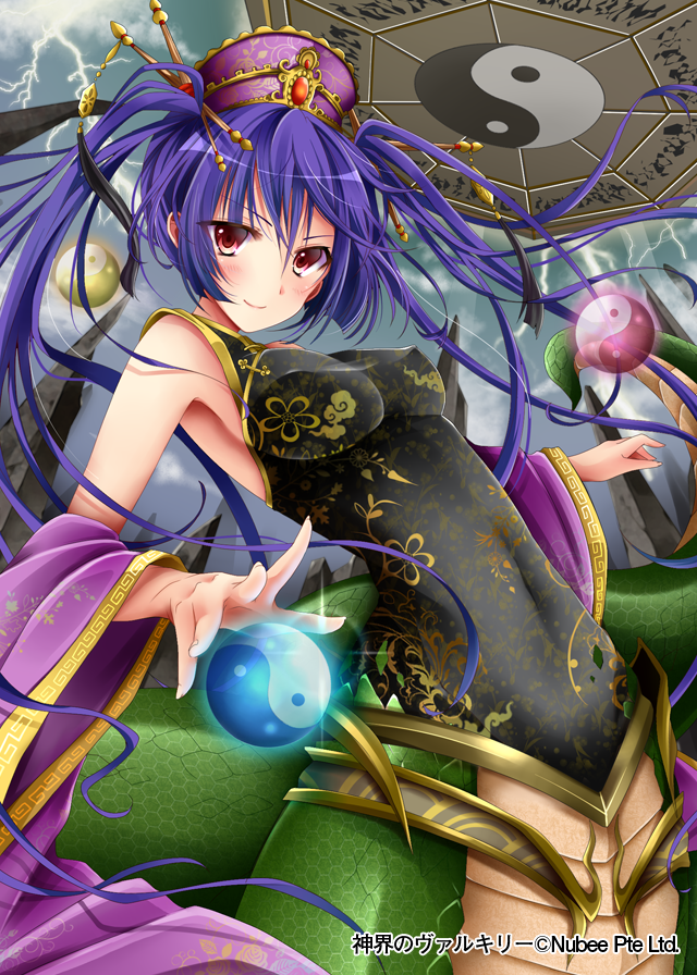 1girl, blue_hair, blush, breasts, china_dress, chinese_clothes, cleavage, company_name, detached_sleeves, dress, eyebrows_visible_through_hair, lamia, large_breasts, long_hair, looking_at_viewer, mohumohu-san, monster_girl, pink_eyes, red_ribbon, ribbon, shinkai_no_valkyrie, smile, snake_tail, solo, twintails, yin_yang_orb