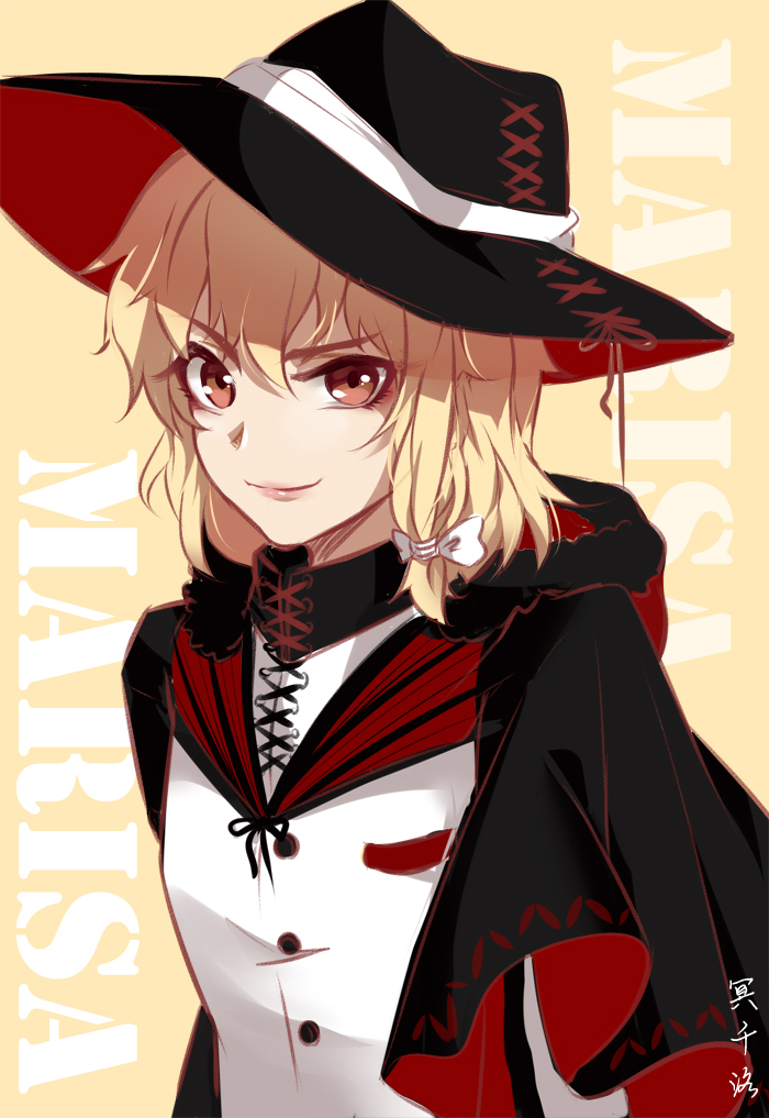 >:), 1girl, alternate_costume, blonde_hair, blush, brown_eyes, capelet, fedora, hair_ribbon, hat, hood, kirisame_marisa, lips, looking_at_viewer, meisenraku, ribbon, short_hair, solo, touhou, tress_ribbon, vest