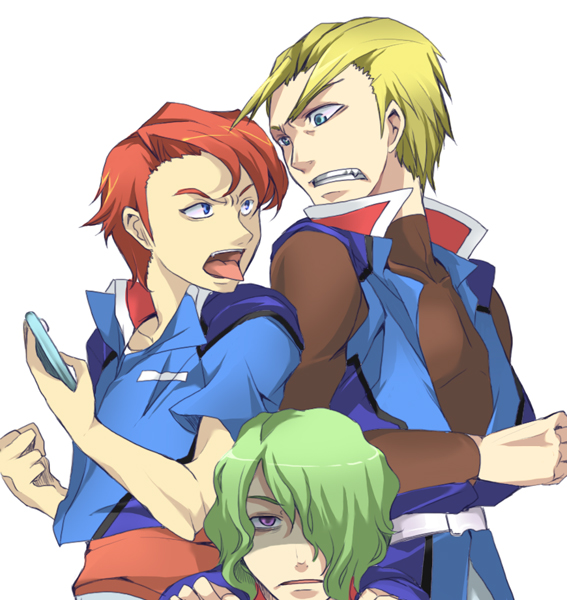 blue_eyes, clotho_buer, green_hair, gundam, gundam_seed, hair_over_one_eye, male, mechi