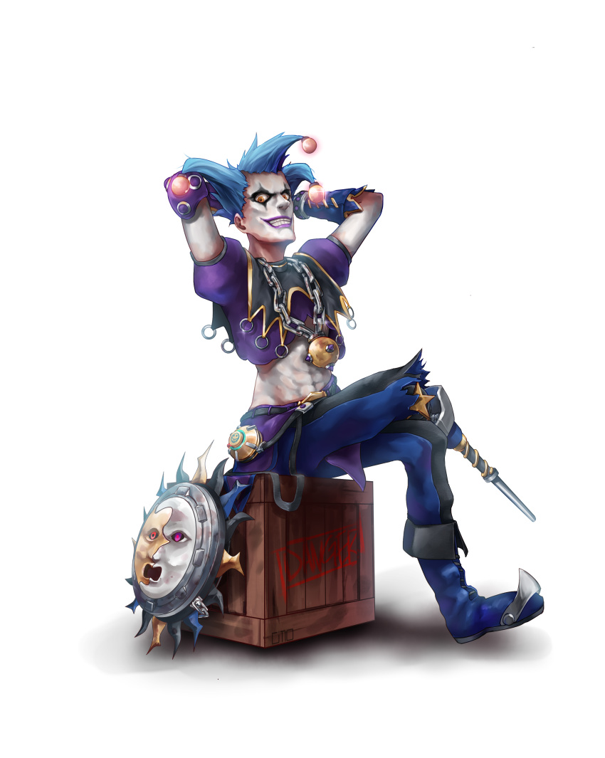 1boy, abs, absurdres, alternate_costume, alternate_hairstyle, artist_name, blue_hair, boots, chains, dms, highres, jester, jester_junkrat, junkrat_(overwatch), makeup, male_focus, midriff, navel, orange_eyes, overwatch, simple_background, sitting, solo, white_background
