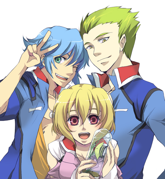 auel_neider, blonde_hair, blue_hair, breasts, cleavage, fish, green_eyes, green_hair
