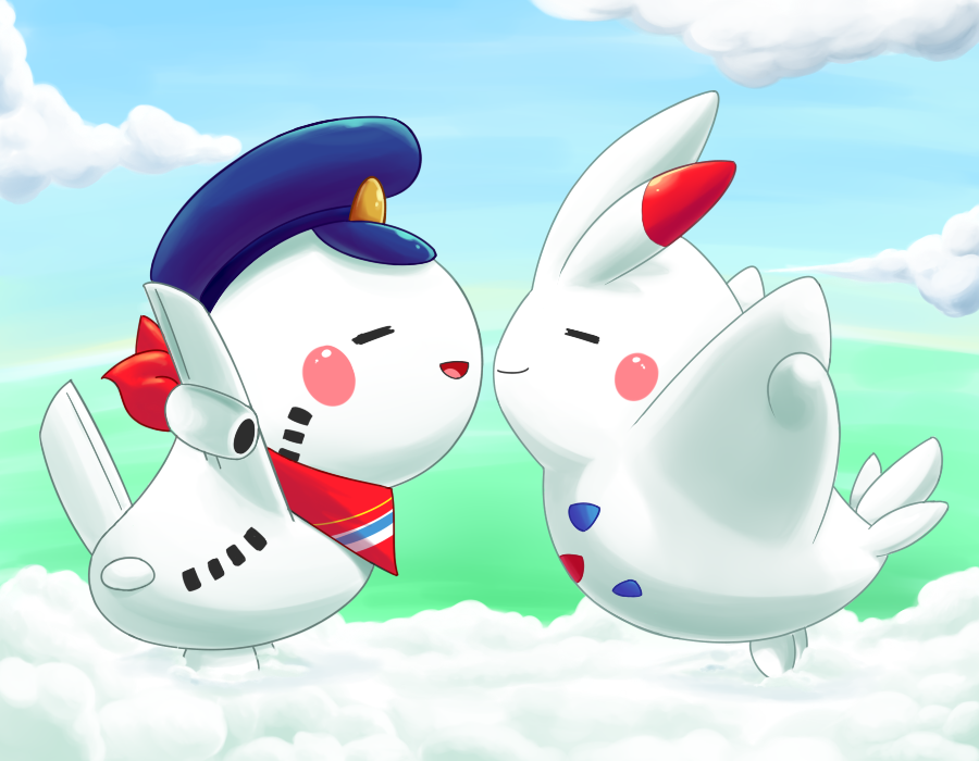 aircraft, airplane, aquabluu, blush_stickers, clouds, crossover, hat, look-alike