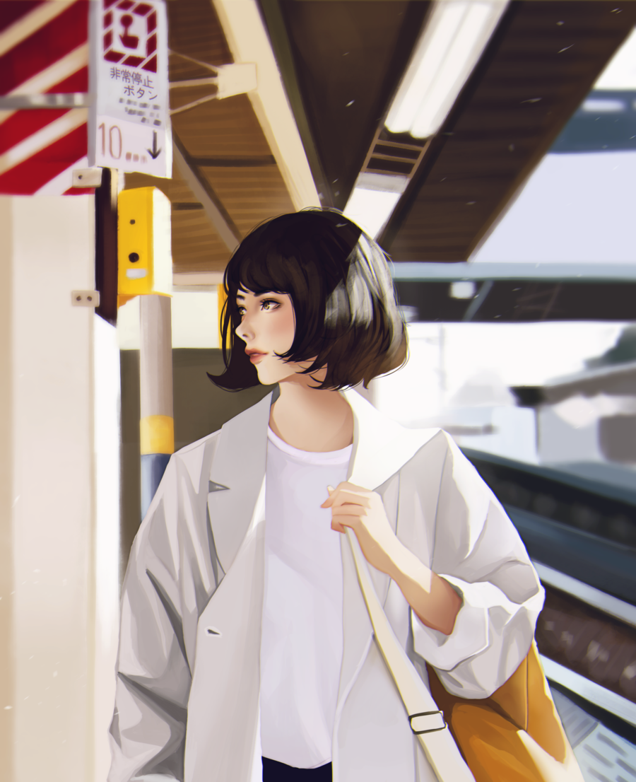 1girl, arm_at_side, arm_up, black_hair, commentary, day, fashion, jacket
