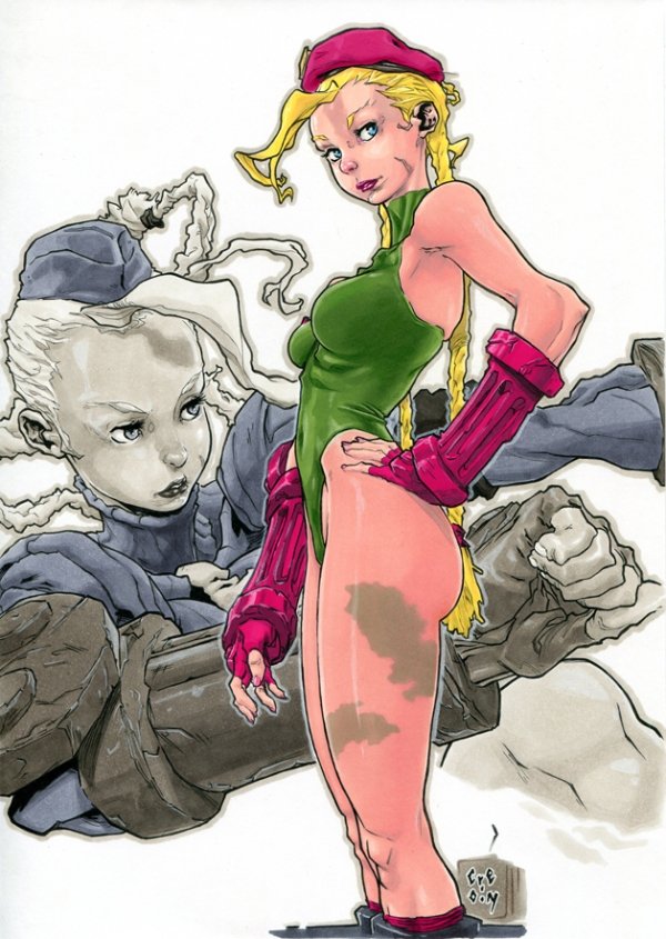 1girl, ahoge, beret, blue_eyes, blue_leotard, braid, breasts, cammy_white, camouflage, covered_navel, cre.o.n, dual_persona, fingerless_gloves, gloves, green_leotard, hand_on_hip, hat, highleg, highleg_leotard, huge_ahoge, leotard, lips, nose, ribbed_leotard, scar, small_breasts, solo, street_fighter, street_fighter_zero_(series), thong_leotard, twin_braids