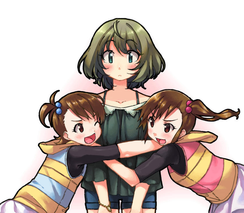 3girls, aqua_eyes, blush, bracelet, brown_hair, futami_ami, futami_mami, hair_bobbles