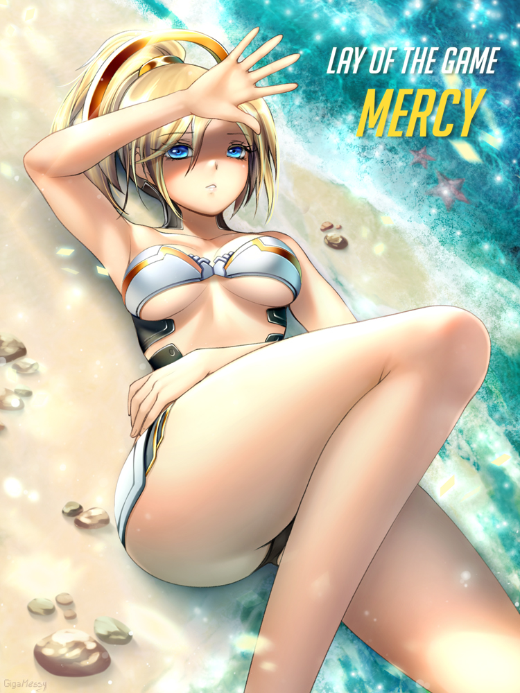 1girl, adapted_costume, arm_up, artist_name, beach, bikini, blonde_hair, blue_eyes