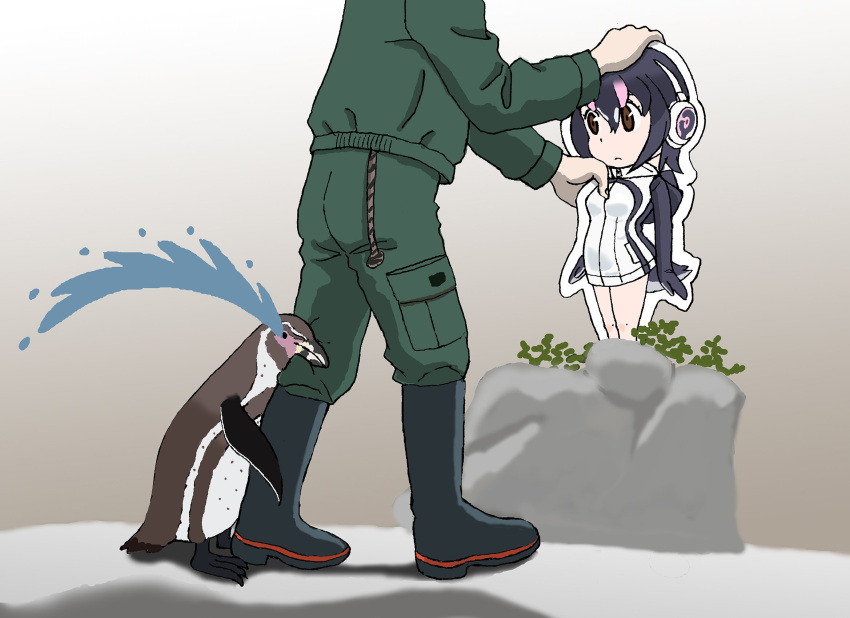 bird, cardboard_stand, commentary_request, crying, grape-kun, highres, humboldt_penguin, humboldt_penguin_(kemono_friends), kemono_friends, penguin, removing, sad, tears, zoo