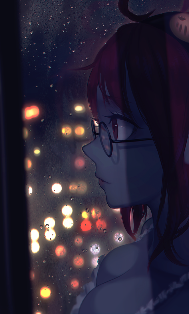 1girl, bangs, bare_shoulders, black-framed_eyewear, black_hairband, breasts, building, camisole, city_lights, cleavage, collarbone, commentary, dungeon_and_fighter, eyebrows_visible_through_hair, eyelashes, glasses, hairband, indoors, litra_(ltr0312), mage_(dungeon_and_fighter), medium_breasts, night, parted_lips, pink_lips, pointy_ears, profile, red_eyes, redhead, round_glasses, short_hair, solo, summoner_(dungeon_and_fighter), water_drop, window