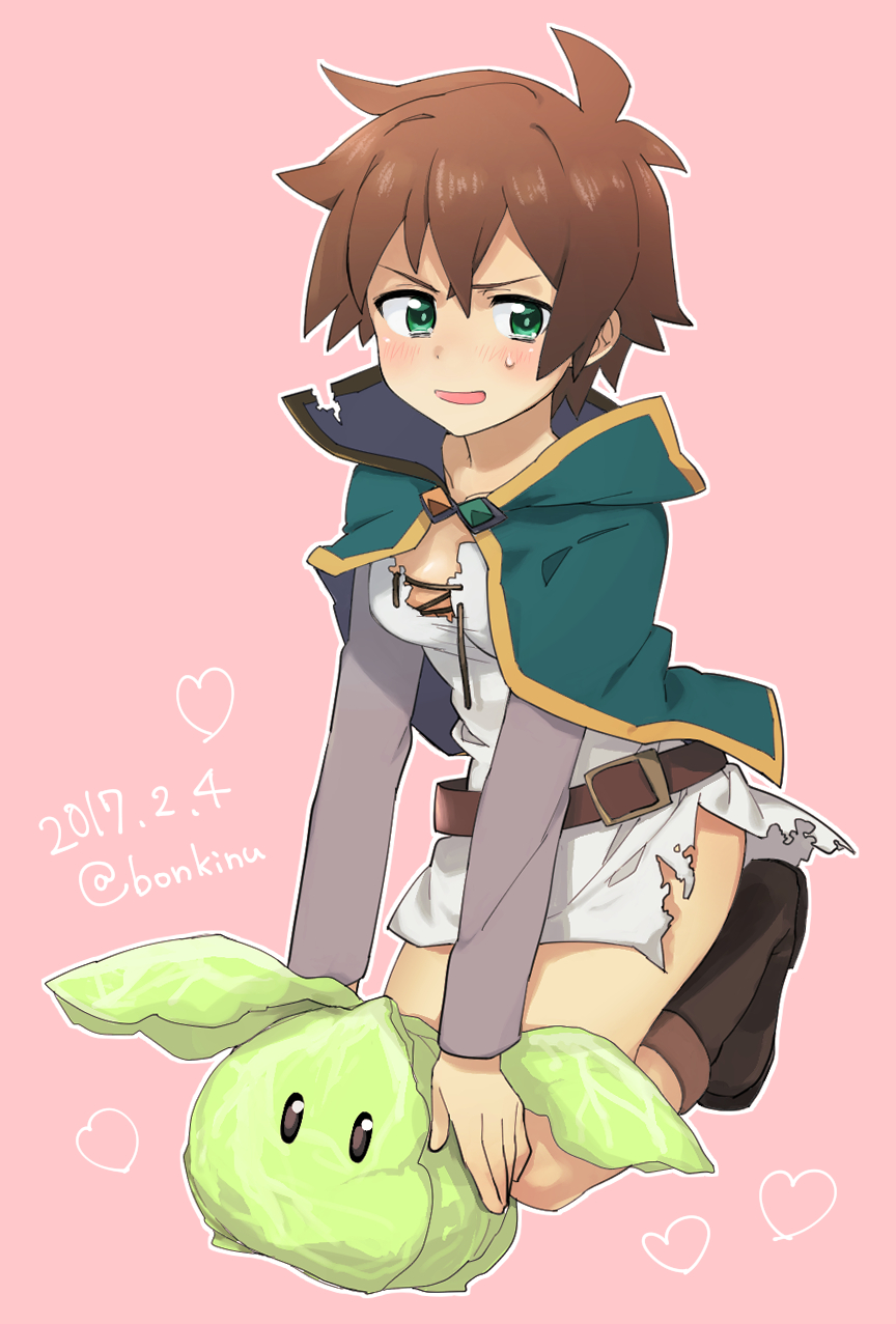 1girl, 5pb., belt, blush, boots, breasts, brown_hair, cabbage