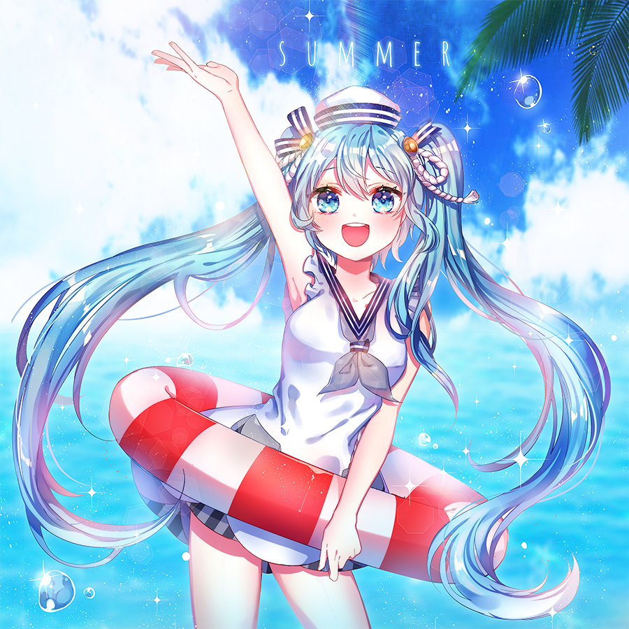 1girl, arm_up, blue_eyes, blue_hair, clouds, cowboy_shot, dress, hat