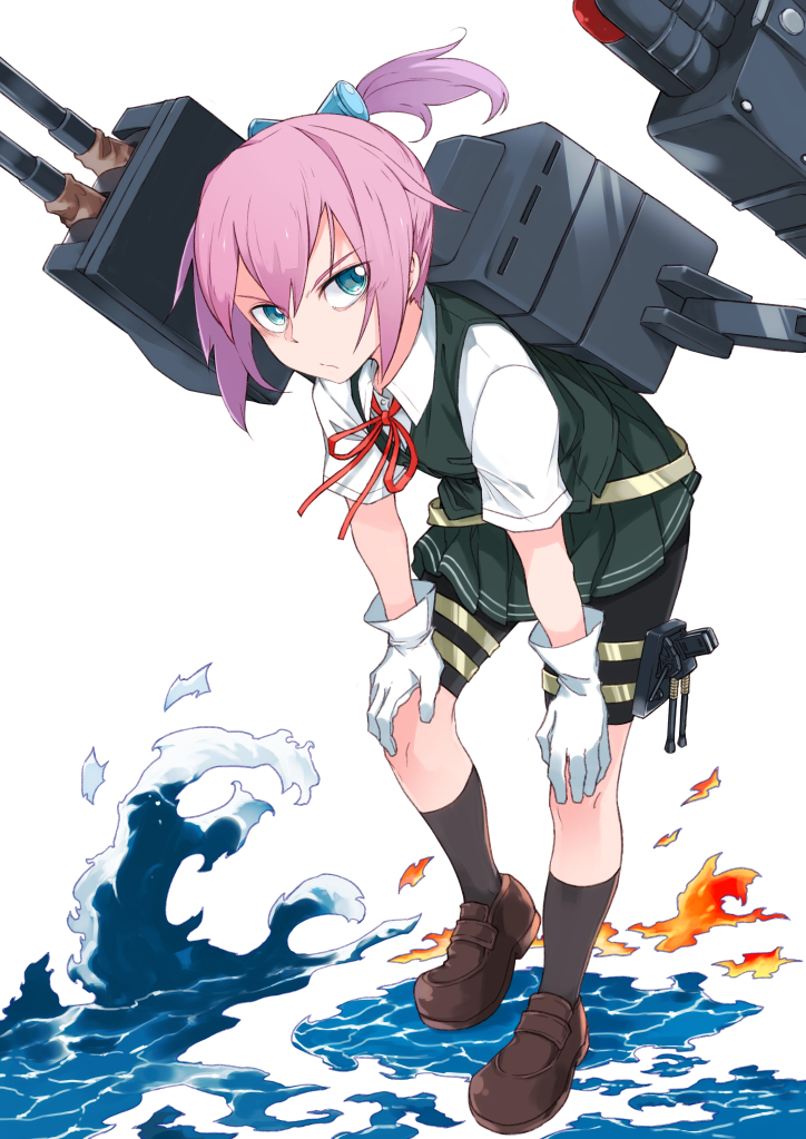 10s, 1girl, bangs, bike_shorts, blue_eyes, brown_shoes, collared_shirt, commentary, fire, full_body, gloves, green_skirt, green_vest, grey_legwear, hair_between_eyes, hair_ornament, hands_on_own_knees, kantai_collection, leaning_forward, loafers, looking_at_viewer, machinery, neck_ribbon, pink_hair, pleated_skirt, ponytail, red_ribbon, ribbon, shiranui_(kantai_collection), shirt, shoes, short_sleeves, shorts_under_skirt, skirt, slit_pupils, socks, solo, standing, standing_on_liquid, thigh_strap, turret, umoo_futon, vest, water, waves, white_gloves, white_shirt